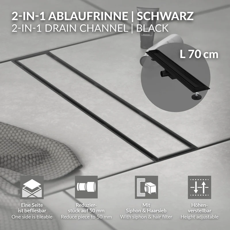 Duschrinne 70 cm befliesbar Schwarz mit Siphon & Haarsieb 2in1 LuxeBath