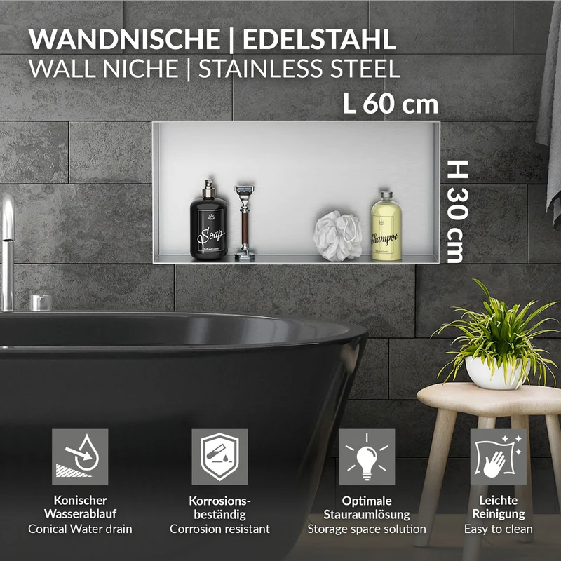 Duschnische 60x30 cm Silber aus Edelstahl Unterputz Rahmen Wandnische Duschablage LuxeBath