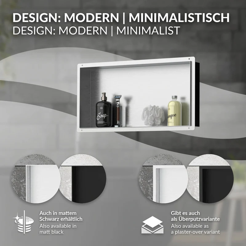 Duschnische 60x30 cm Silber aus Edelstahl Unterputz Rahmen Wandnische Duschablage LuxeBath