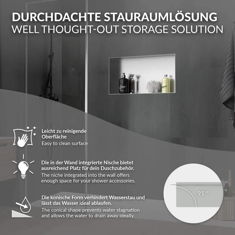 Duschnische 60x30 cm Silber aus Edelstahl Unterputz Rahmen Wandnische Duschablage LuxeBath