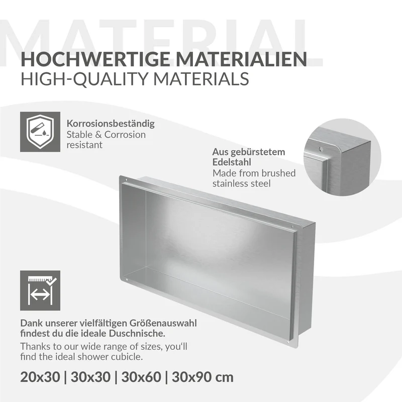Duschnische 60x30 cm Silber aus Edelstahl Unterputz Rahmen Wandnische Duschablage LuxeBath