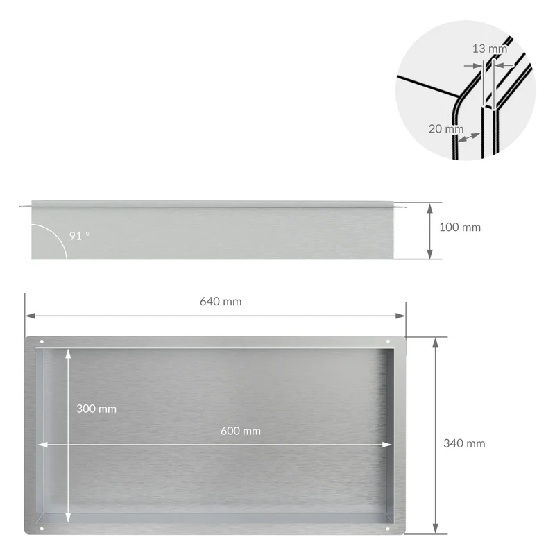 Duschnische 60x30 cm Silber aus Edelstahl Unterputz Rahmen Wandnische Duschablage LuxeBath