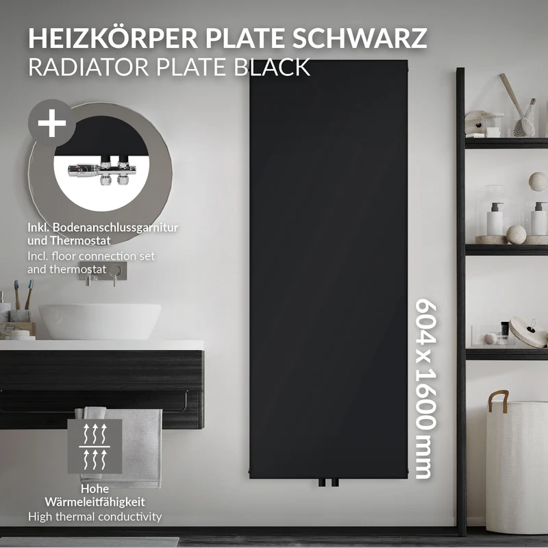 Badheizkörper Einlagig 1600x604 mm Schwarz matt mit Mittelanschluss und Boden Anschlussgarnitur LuxeBath