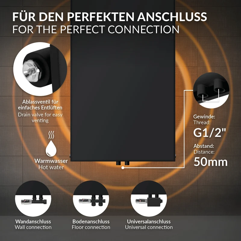 Badheizkörper Einlagig 1600x604 mm Schwarz matt mit Mittelanschluss und Boden Anschlussgarnitur LuxeBath