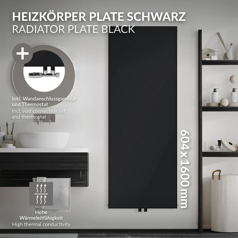 Badheizkörper Einlagig 1600x604 mm Schwarz matt mit Mittelanschluss und Wand Anschlussgarnitur LuxeBath