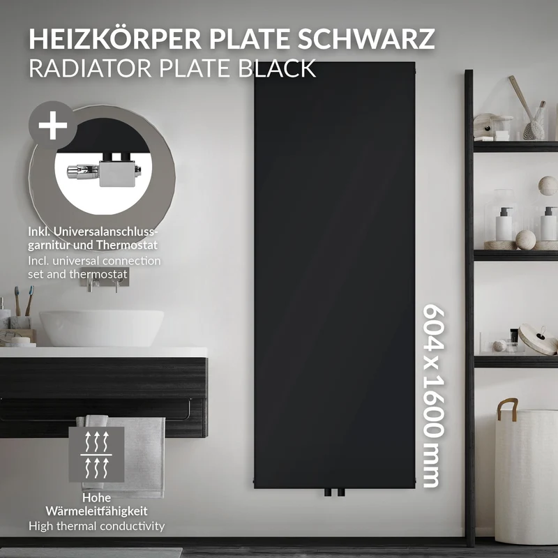 Badheizkörper Einlagig 1600x604 mm Schwarz matt mit Mittelanschluss und Universale Anschlussgarnitur LuxeBath