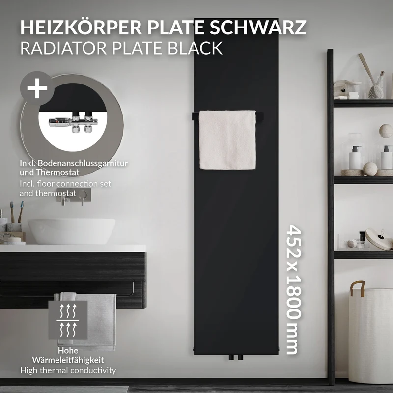 Badheizkörper 1800x452 mm Vertikal mit 1x Handtuchhalter Schwarz mit Mittelanschluss und Bodenanschlussgarnitur LuxeBath