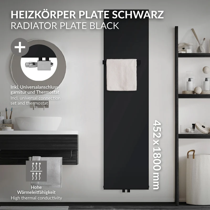 Badheizkörper 1800x604 mm Vertikal mit 1x Handtuchhalter Anthrazit mit Mittelanschluss und universaler Anschlussgarnitur LuxeBath