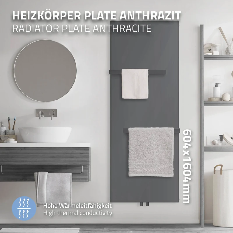 Badheizkörper Einlagig mit 2x Handtuchhalter 1600x604 mm Anthrazit mit Mittelanschluss LuxeBath
