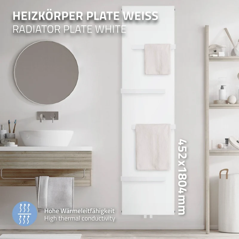Badheizkörper Einlagig mit 4x Handtuchhalter 1800x452 mm Weiß mit Mittelanschluss LuxeBath