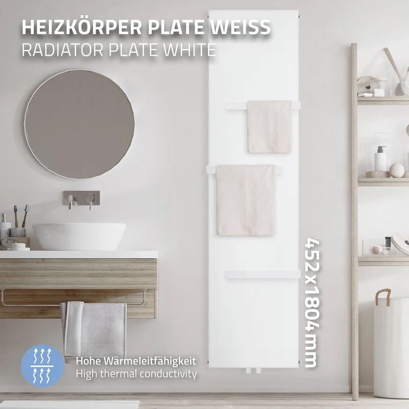 Badheizkörper Einlagig mit 3x Handtuchhalter 1800x452 mm Weiß mit Mittelanschluss LuxeBath