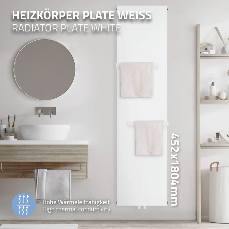 Badheizkörper Einlagig mit 2x Handtuchhalter 1800x452 mm Weiß mit Mittelanschluss LuxeBath