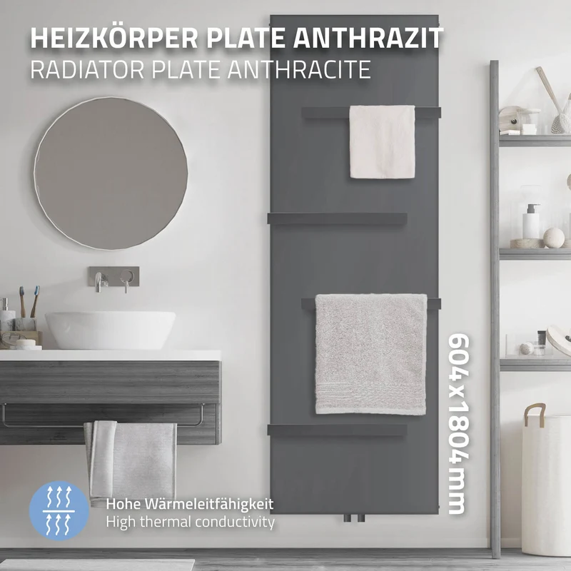 Badheizkörper Einlagig mit 4x Handtuchhalter 604x1800 mm Anthrazit mit Mittelanschluss LuxeBath