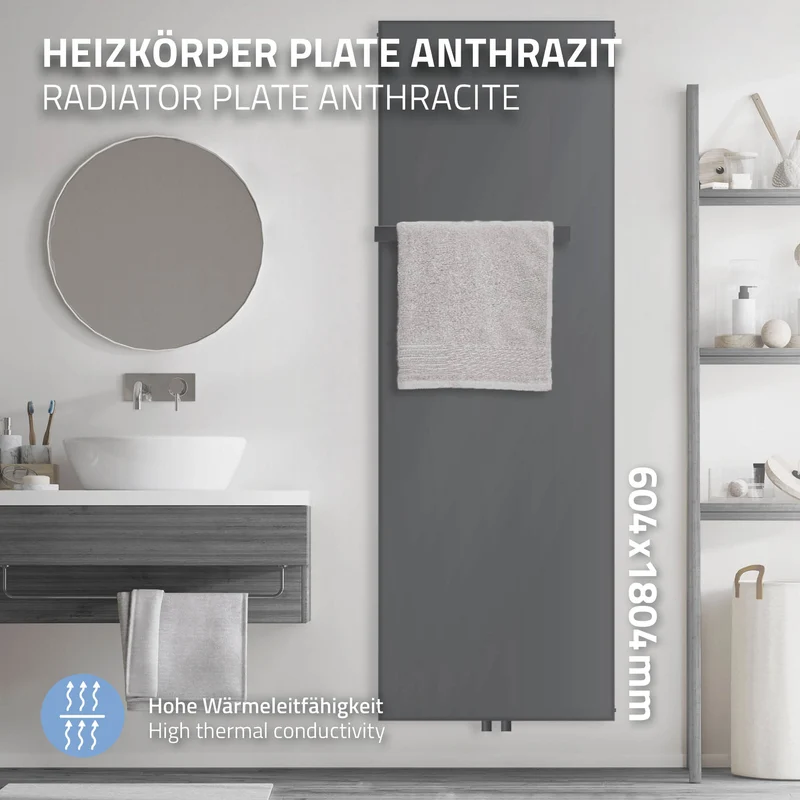 Badheizkörper Einlagig mit 1x Handtuchhalter 604x1800 mm Anthrazit mit Mittelanschluss LuxeBath