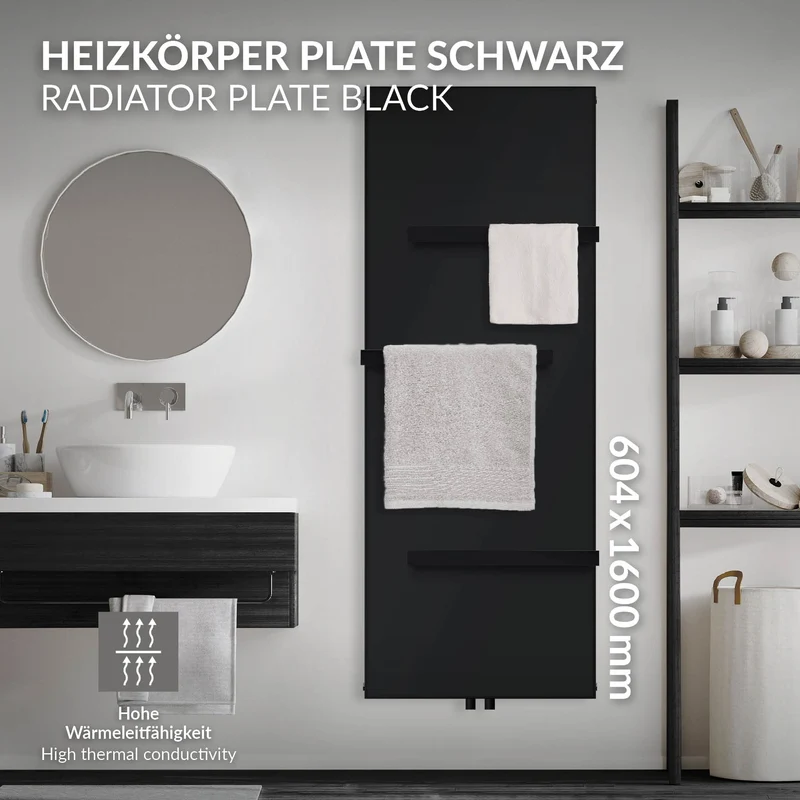 Badheizkörper flach Einlagig 1600x604 mm Schwarz matt mit Mittelanschluss inkl. 3x Handtuchhalter LuxeBath