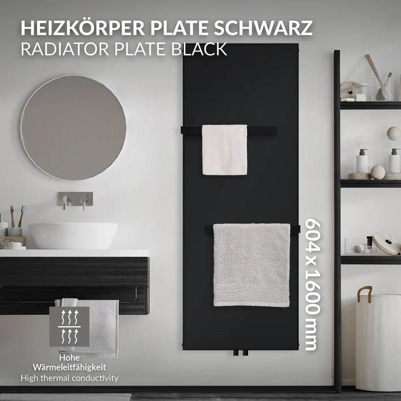 Badheizkörper flach Einlagig 1600x604 mm Schwarz matt mit Mittelanschluss inkl. 2x Handtuchhalter LuxeBath