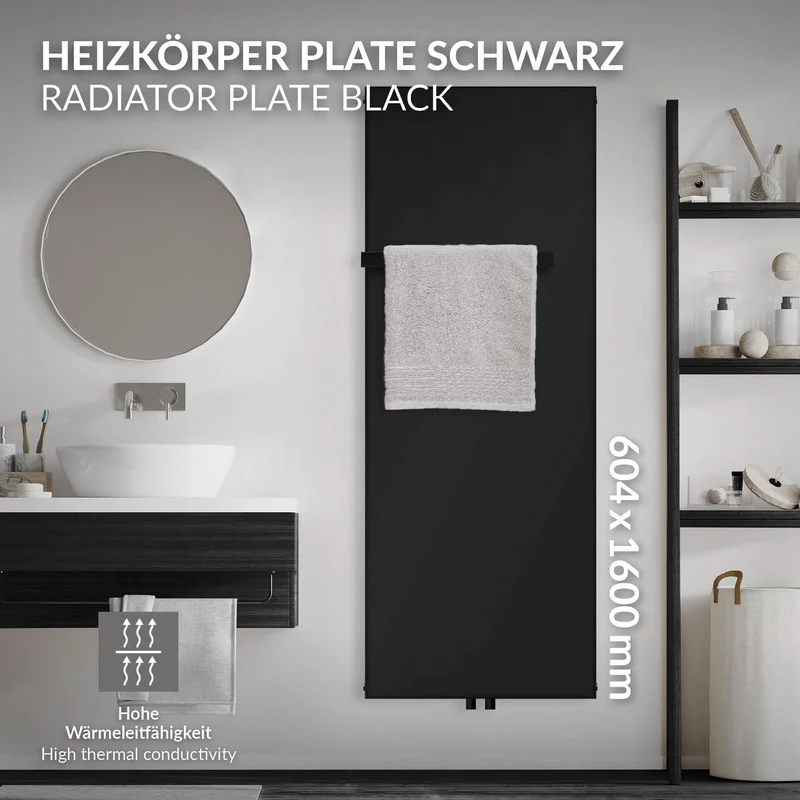 Badheizkörper flach Einlagig 1600x604 mm Schwarz matt mit Mittelanschluss inkl. 1x Handtuchhalter LuxeBath