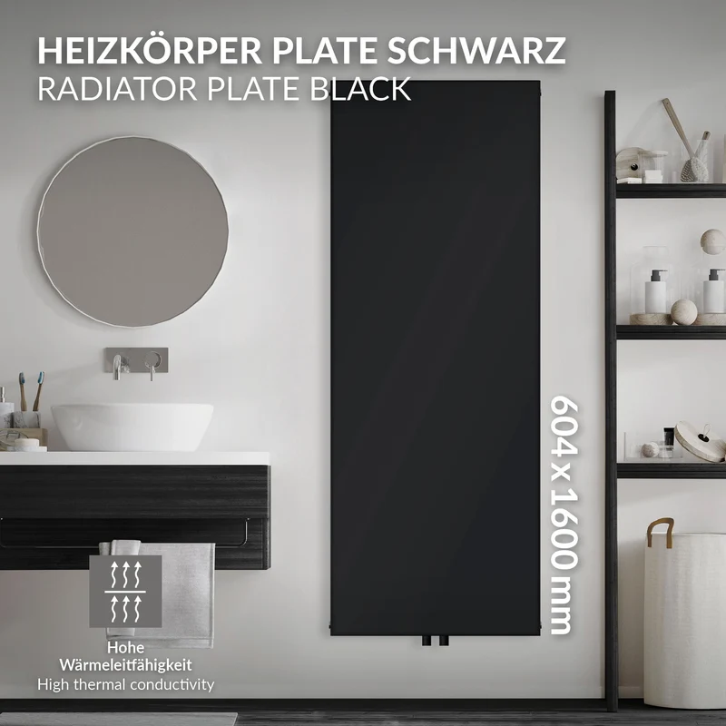 Badheizkörper Einlagig 1600x604 mm Schwarz matt mit Mittelanschluss LuxeBath