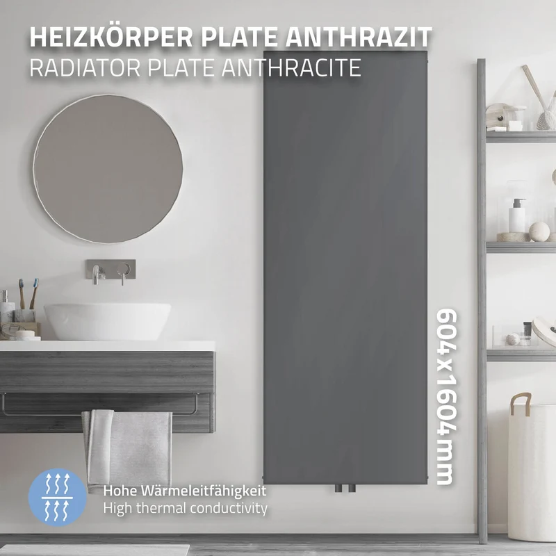 Badheizkörper Einlagig Vertikal 1600x604 mm Anthrazit mit Mittelanschluss LuxeBath