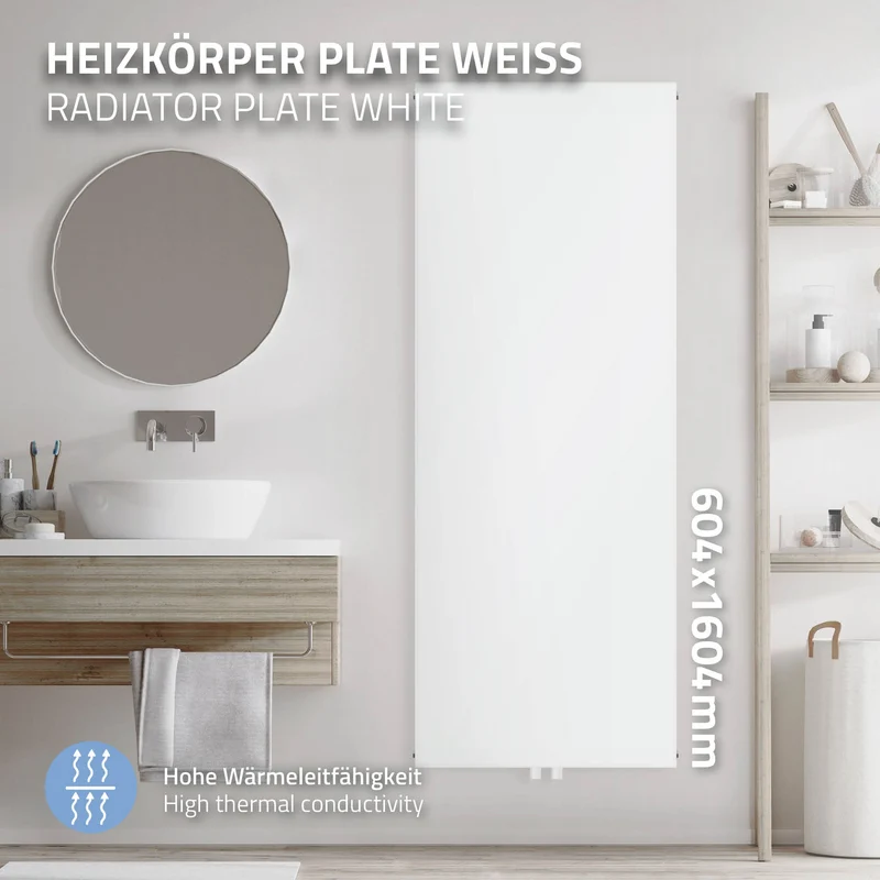 Badheizkörper Einlagig Vertikal 1600x604 mm Weiß mit Mittelanschluss LuxeBath