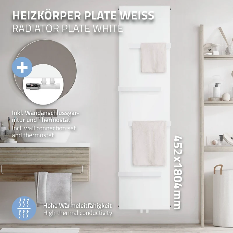 Badheizkörper 1800x452 mm Weiß mit Wand Anschlussgarnitur inkl. 4x Handuchhalter ML-Design