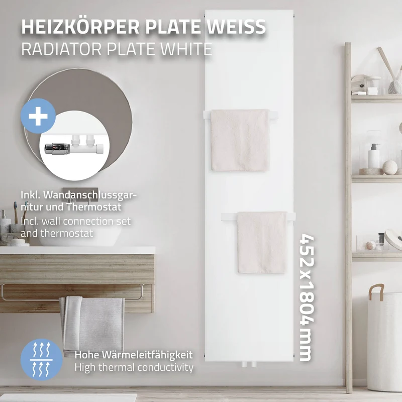 Badheizkörper 1800x452 mm Weiß mit Wand Anschlussgarnitur inkl. 2x Handuchhalter ML-Design