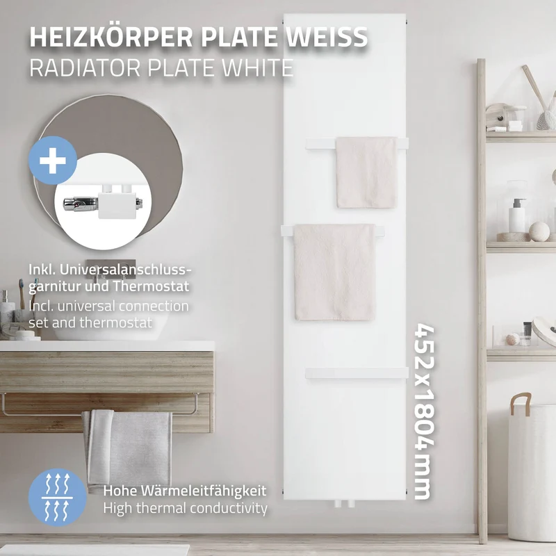 Badheizkörper 1800x452 mm Weiß mit Universale Anschlussgarnitur inkl. 3x Handuchhalter ML-Design