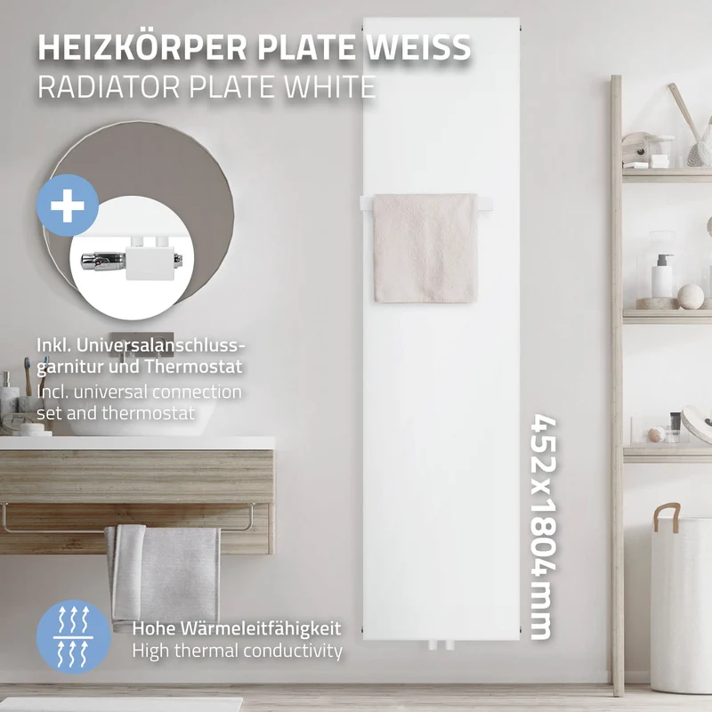 Badheizkörper 1800x452 mm Weiß mit Universale Anschlussgarnitur inkl. 1x Handuchhalter ML-Design