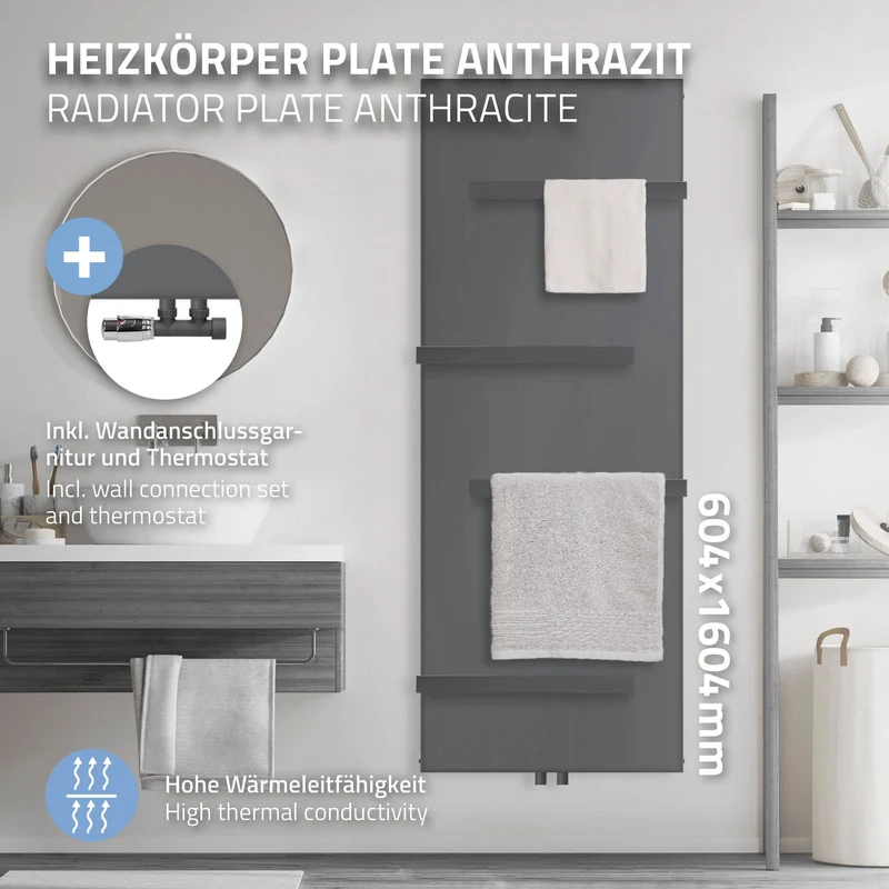 Badheizkörper 1600x604 mm Anthrazit mit Wand Anschlussgarnitur inkl. 4x Handuchhalter ML-Design