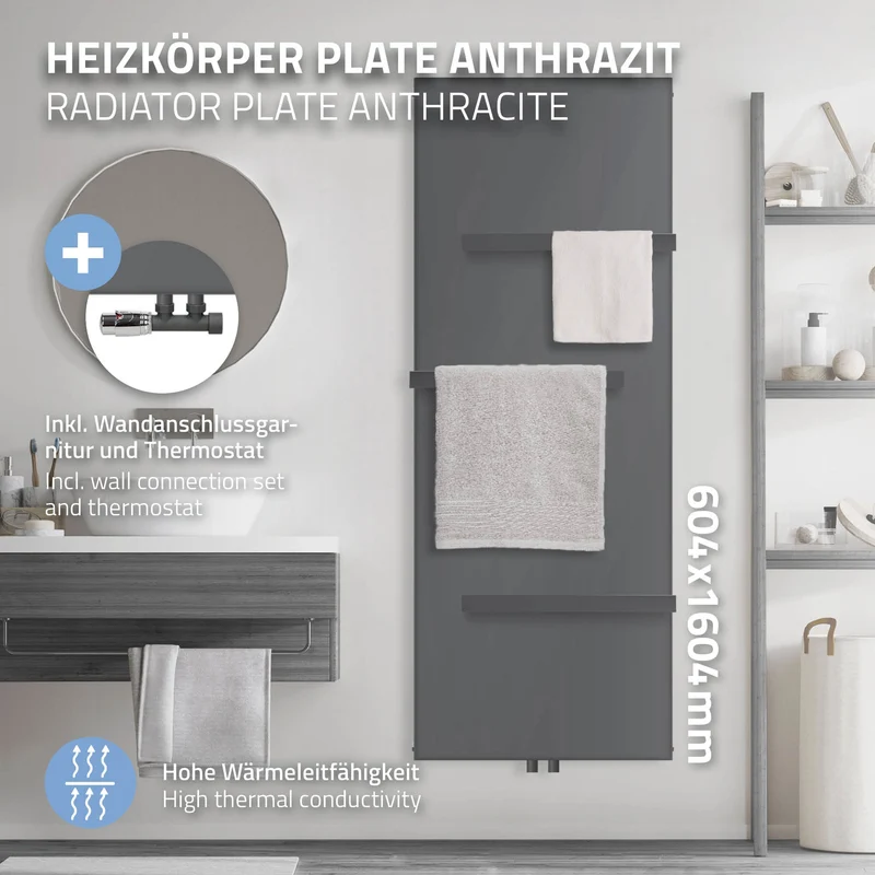 Badheizkörper 1600x604 mm Anthrazit mit Wand Anschlussgarnitur inkl. 3x Handuchhalter ML-Design