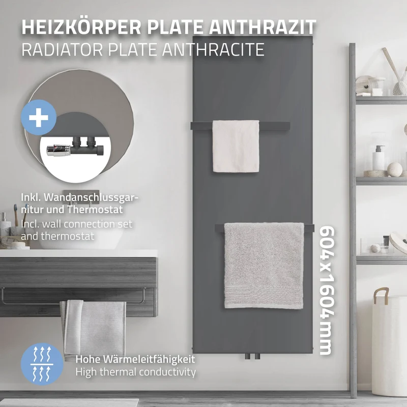 Badheizkörper 1600x604 mm Anthrazit mit Wand Anschlussgarnitur inkl. 2x Handuchhalter ML-Design