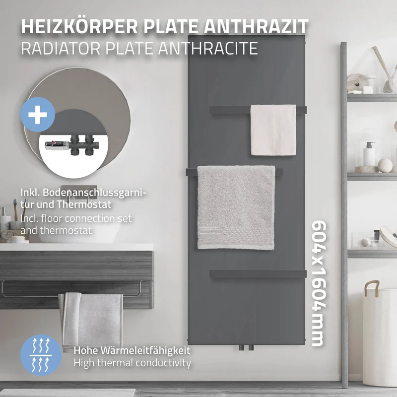 Badheizkörper 1600x604 mm Anthrazit mit Boden Anschlussgarnitur inkl. 3x Handuchhalter ML-Design