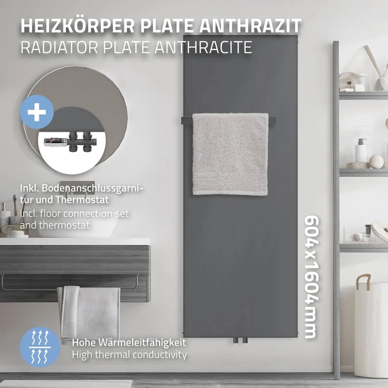 Badheizkörper 1600x604 mm Anthrazit mit Boden Anschlussgarnitur inkl. 1x Handuchhalter ML-Design