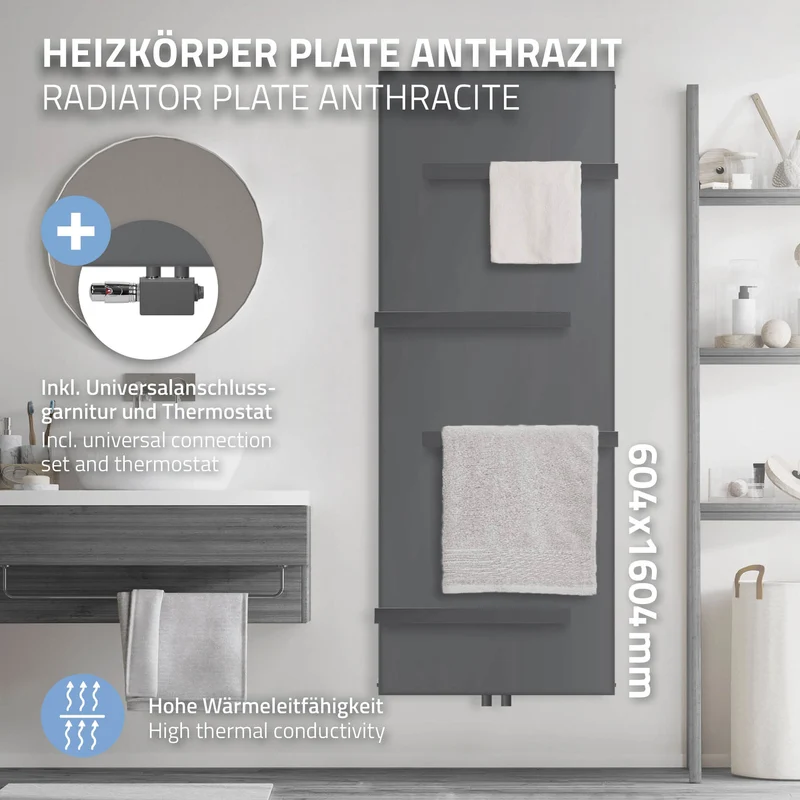 Badheizkörper 1600x604 mm Anthrazit mit Universale Anschlussgarnitur inkl. 4x Handuchhalter ML-Design