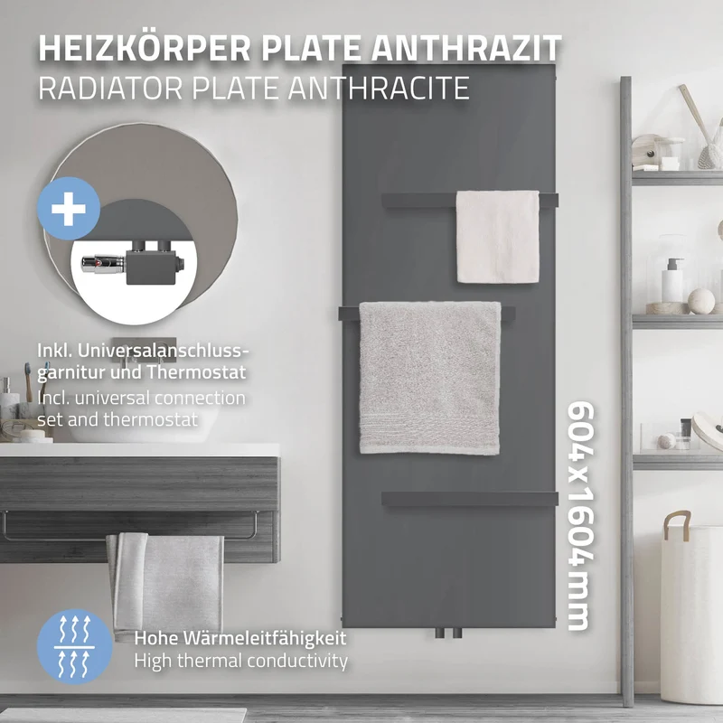 Badheizkörper 1600x604 mm Anthrazit mit Universale Anschlussgarnitur inkl. 3x Handuchhalter ML-Design