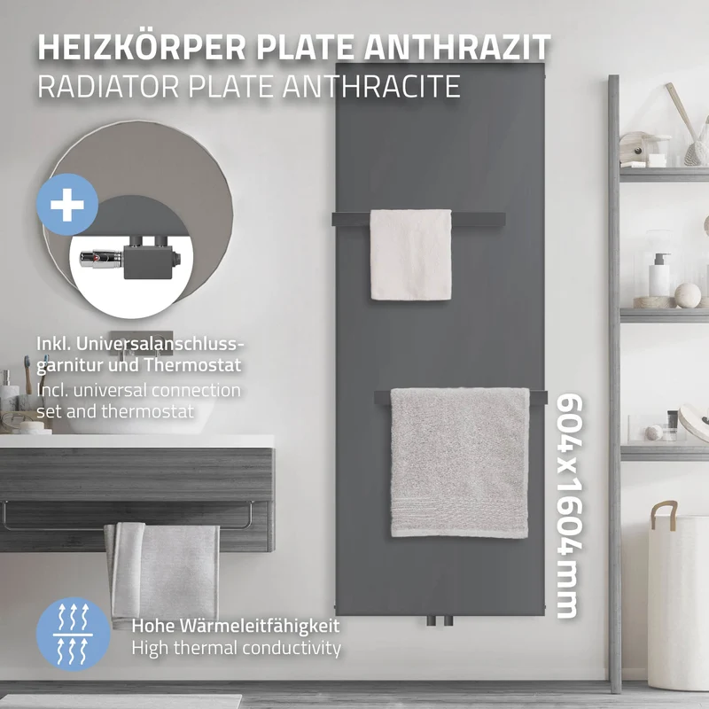 Badheizkörper 1600x604 mm Anthrazit mit Universale Anschlussgarnitur inkl. 2x Handuchhalter ML-Design