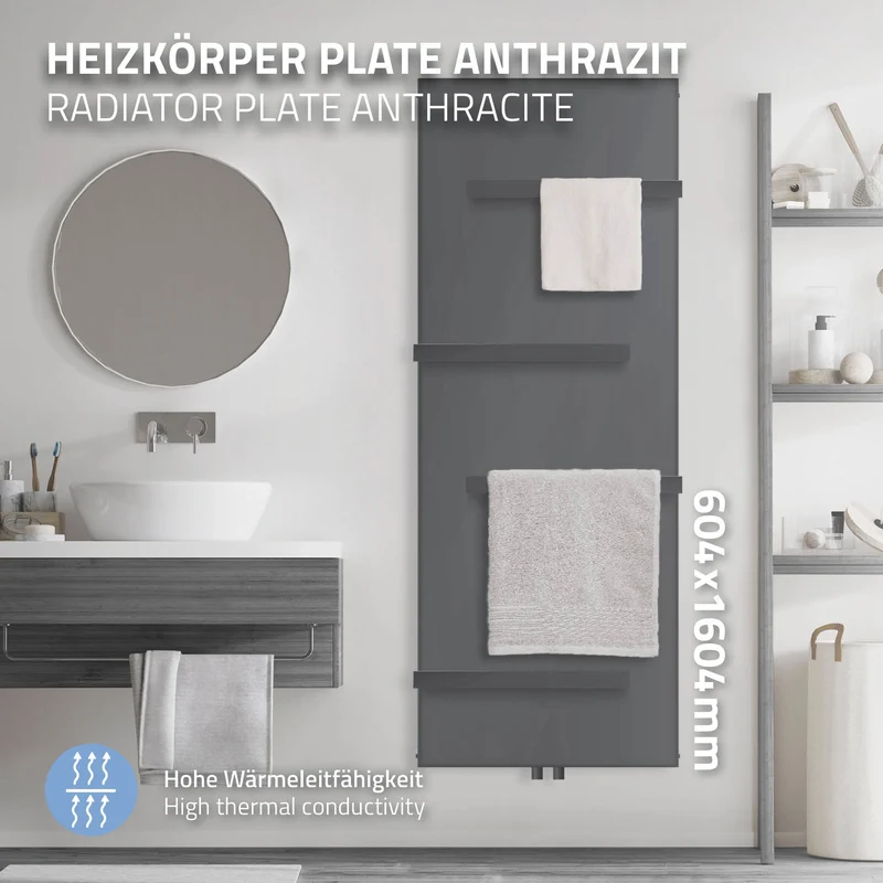 Badheizkörper 1600x604 mm Anthrazit mit Mittelanschluss inkl. 4x Handuchhalter ML-Design