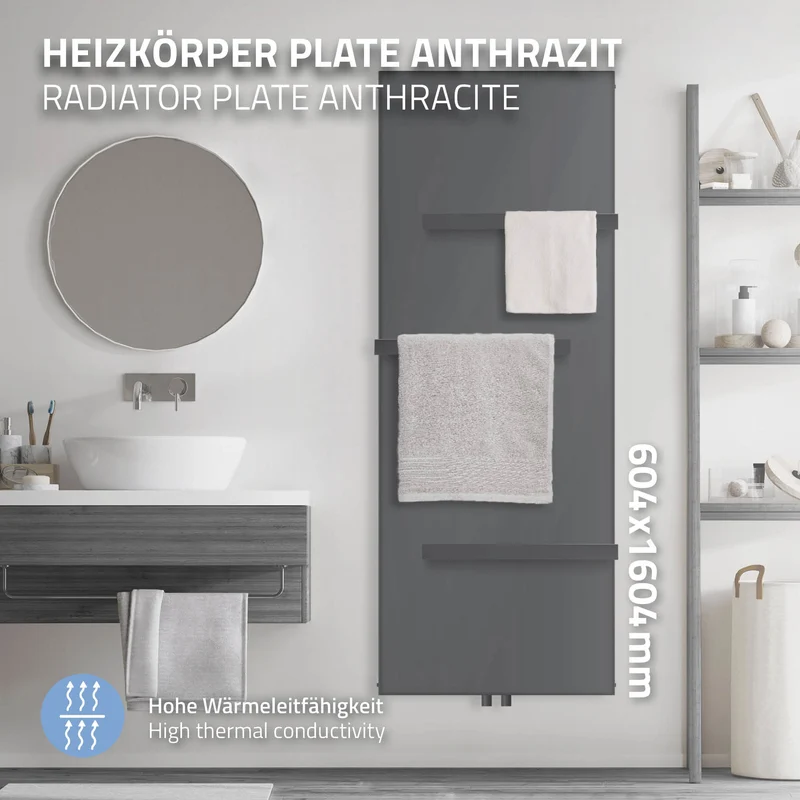 Badheizkörper 1600x604 mm Anthrazit mit Mittelanschluss inkl. 3x Handuchhalter ML-Design
