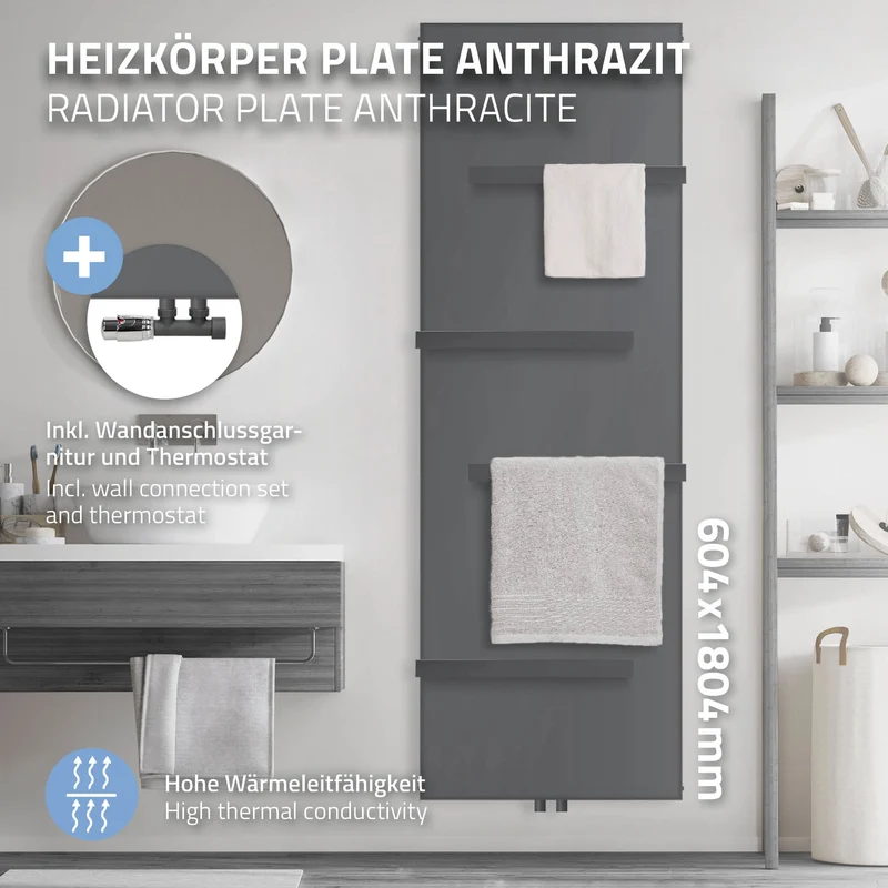 Badheizkörper 604x1840 mm Anthrazit mit Wand Anschlussgarnitur inkl. 4x Handuchhalter ML-Design