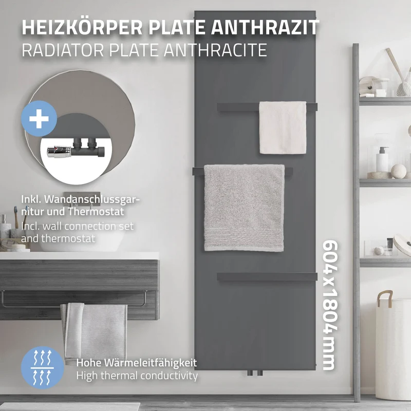 Badheizkörper 604x1840 mm Anthrazit mit Wand Anschlussgarnitur inkl. 3x Handuchhalter ML-Design
