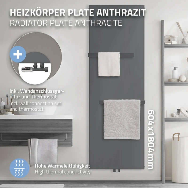 Badheizkörper 604x1840 mm Anthrazit mit Wand Anschlussgarnitur inkl. 2x Handuchhalter ML-Design