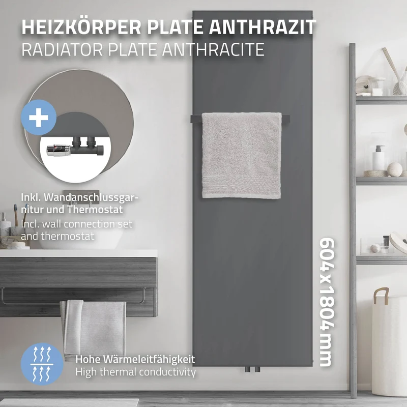 Badheizkörper 1800x604 mm Anthrazit mit Wand Anschlussgarnitur inkl. 1x Handuchhalter ML-Design