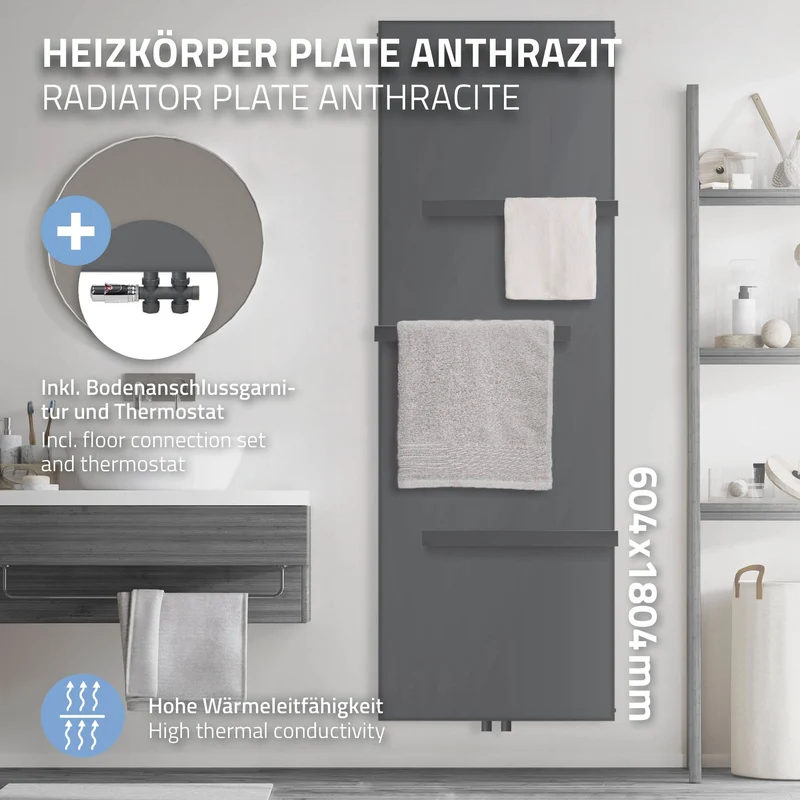 Badheizkörper 1800x604 mm Anthrazit mit Boden Anschlussgarnitur inkl. 3x Handuchhalter ML-Design