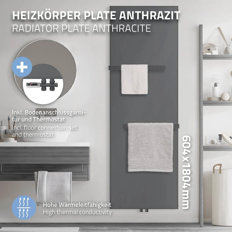 Badheizkörper 1800x604 mm Anthrazit mit Boden Anschlussgarnitur inkl. 2x Handuchhalter ML-Design