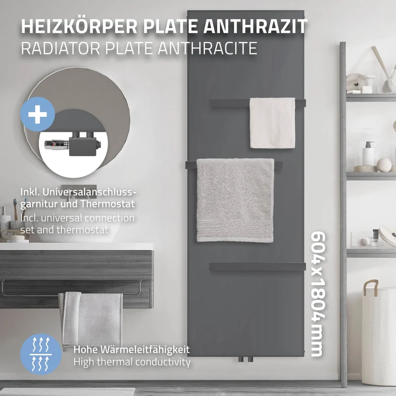 Badheizkörper 1800x604 mm Anthrazit mit Universale Anschlussgarnitur inkl. 3x Handuchhalter ML-Design