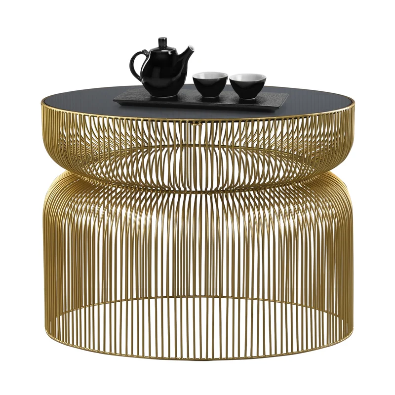 Couchtisch 2er Set Zylinderförmig Gold/Schwarz aus Eisen und Glas WOMO-Design