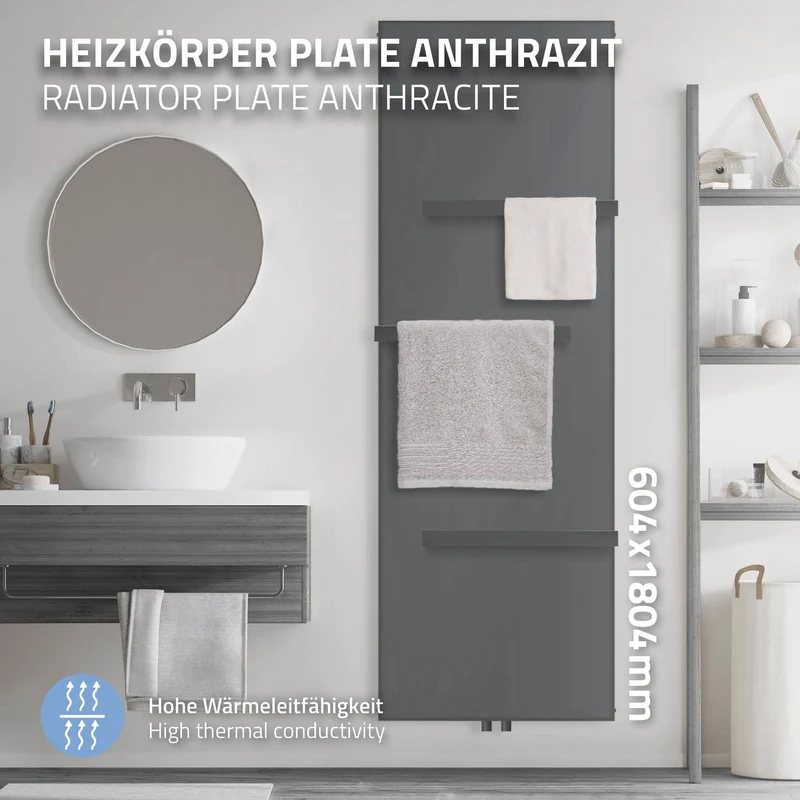 Badheizkörper 604x1840 mm Anthrazit mit Mittelanschluss inkl. 3x Handuchhalter ML-Design