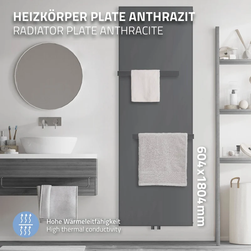 Badheizkörper 604x1840 mm Anthrazit mit Mittelanschluss inkl. 2x Handuchhalter ML-Design