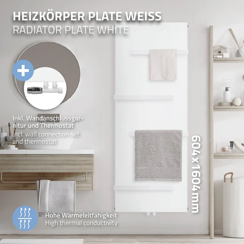 Badheizkörper 1600x604 mm Weiß mit Wand Anschlussgarnitur inkl. 4x Handuchhalter ML-Design