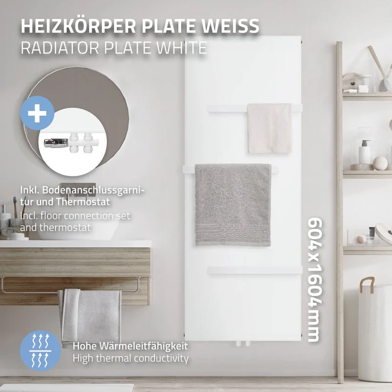 Badheizkörper 1600x604 mm Weiß mit Boden Anschlussgarnitur inkl. 4x Handuchhalter ML-Design